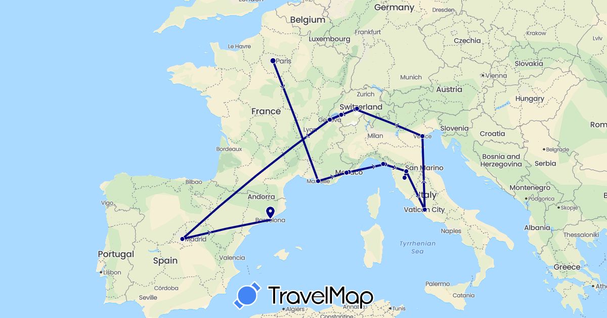 TravelMap itinerary: driving in Switzerland, Spain, France, Italy, Monaco (Europe)