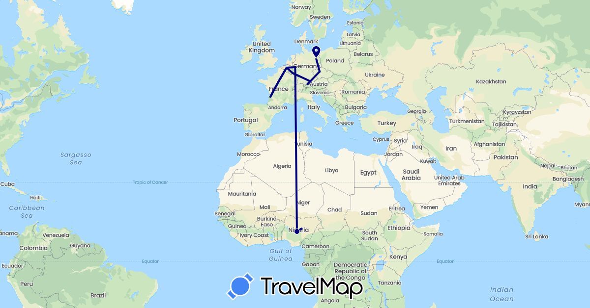 TravelMap itinerary: driving in Belgium, Czech Republic, Germany, France, Luxembourg, Nigeria (Africa, Europe)